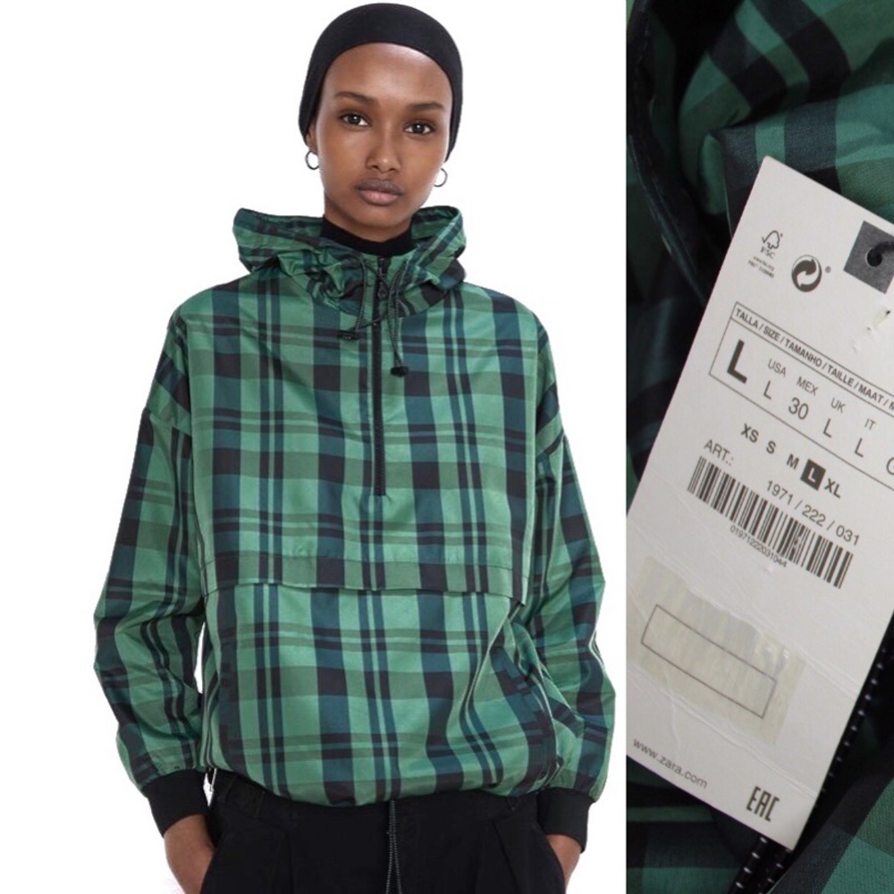 Zara Checked Hooded Lightweight Jacket Large Retro